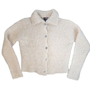 VINTAGE NY BASED Fuzzy Mohair Blend Collared Cardigan Cream Size L